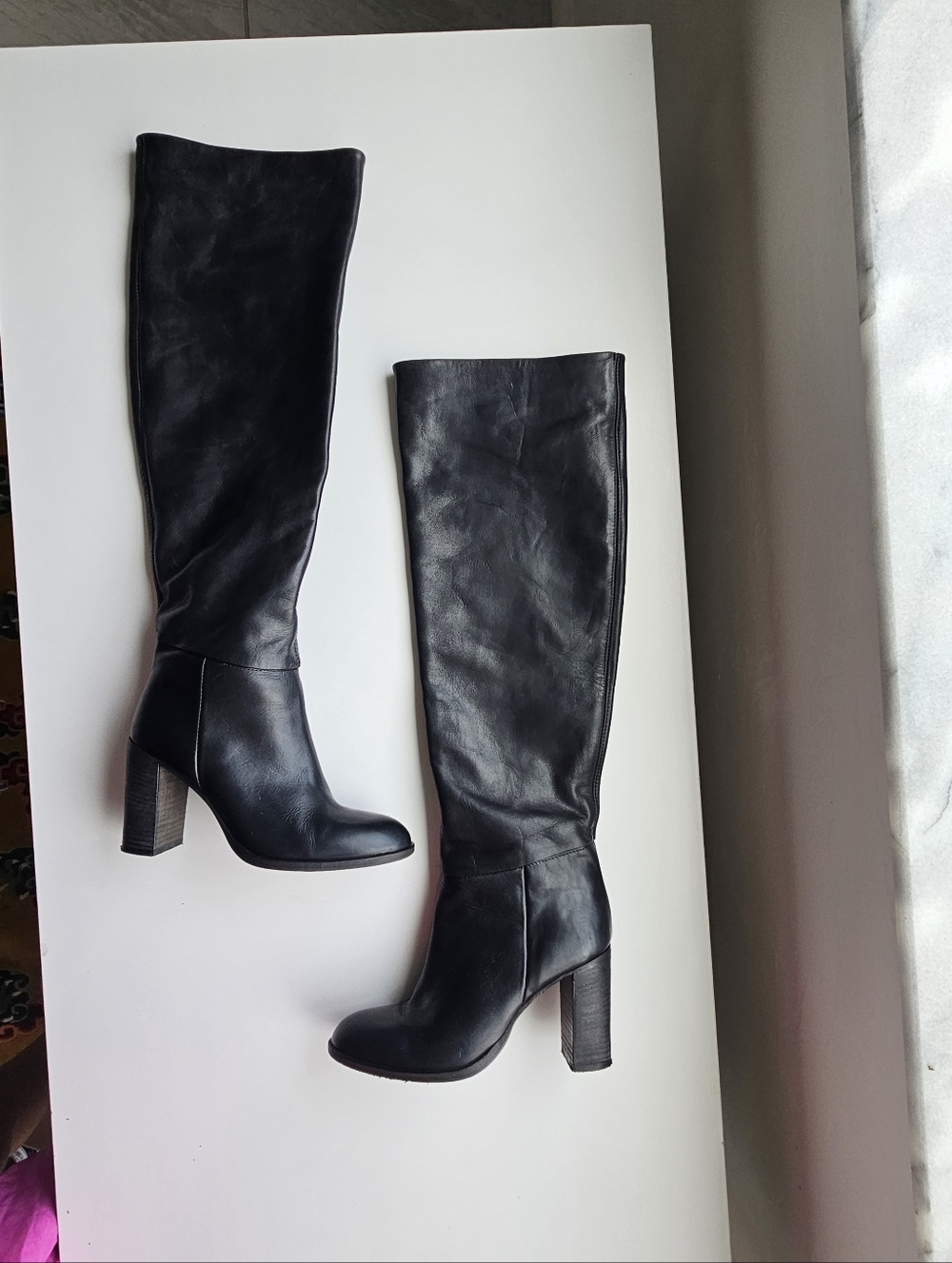 Free People Dakota Black Leather Wood Chunky Heeled Over Knee Boots - Picture 3 of 14